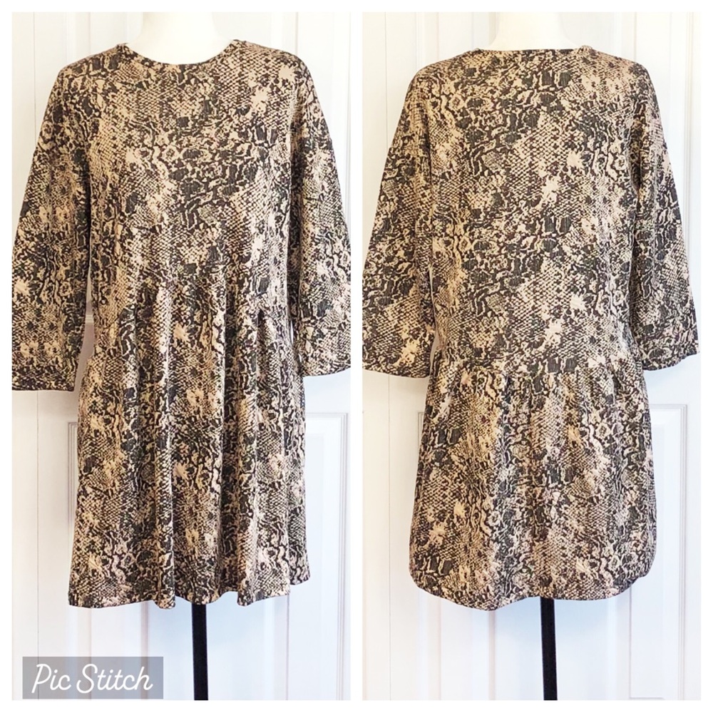 Zara Reptile Snakeskin Print 3/4 Sleeve Babydoll Shift Dress Medium
